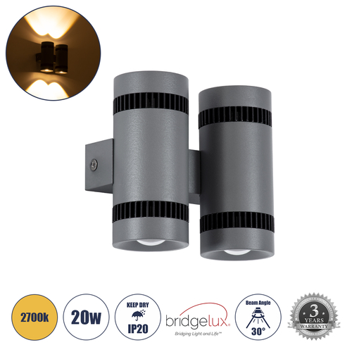 GLOBOSTAR® CANNONAL 60579 Μοντέρνο Φωτιστικό Τοίχου - Απλίκα LED 20W 2300lm 30° AC 220-240V IP20 Θερμό Λευκό 2700K - Bridgelux COB Chip & TÜV SÜD Driver - Μαύρο Ματ & Γκρι Ανθρακί Ματ - Μ12 x Π6.5 x Υ11cm - 3 Χρόνια Εγγύηση