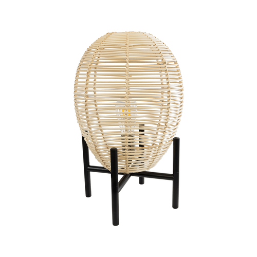 GloboStar® NERINA 02014 Boho Επιτραπέζιο Φωτιστικό Πορτατίφ Μονόφωτο 1 x E27 IP20 Μαύρο Μέταλλο με Μπεζ Ξύλο - Μ30 x Π30 x Υ50cm