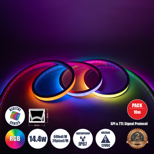 GLOBOSTAR® NEONIO 90754 Ψηφιακή Pixel Addressable Ταινία Neon Flex LED 14.4W/m 864lm/m 90° DC 12V Αδιάβροχο IP67 60 x SMD5050 Chip/m 20 x Pixel/m Πολύχρωμο RGB Dimmable SPI/TTL Protocol IC SM16703P/WS2811/WS2812 - Μ1000 x Π3 x Υ2cm - Ρολό 10 Μέτρων - 2 Χρόνια Εγγύηση