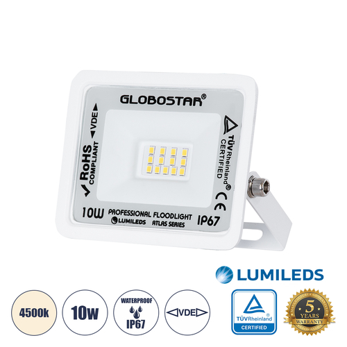 GLOBOSTAR® ATLAS 61405 Προβολέας LED 10W 1200lm 120° AC 220-240V Αδιάβροχο IP67 Φυσικό Λευκό 4500K - Lumileds SMD Chip - TÜV Rheinland Certified - Λευκό Ματ - Μ10 x Π2 x Υ8cm - 5 Χρόνια Εγγύηση