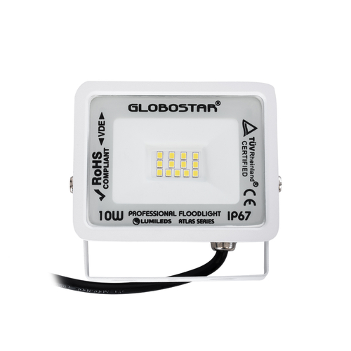 GLOBOSTAR® ATLAS 61405 Προβολέας LED 10W 1200lm 120° AC 220-240V Αδιάβροχο IP67 Φυσικό Λευκό 4500K - Lumileds SMD Chip - TÜV Rheinland Certified - Λευκό Ματ - Μ10 x Π2 x Υ8cm - 5 Χρόνια Εγγύηση