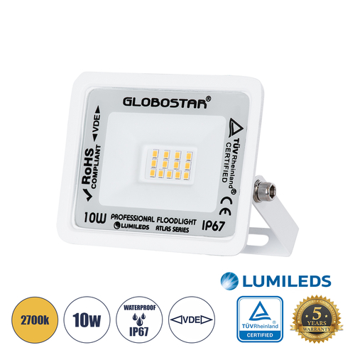 GLOBOSTAR® ATLAS 61406 Προβολέας LED 10W 1150lm 120° AC 220-240V Αδιάβροχο IP67 Θερμό Λευκό 2700K - Lumileds SMD Chip - TÜV Rheinland Certified - Λευκό Ματ - Μ10 x Π2 x Υ8cm - 5 Χρόνια Εγγύηση