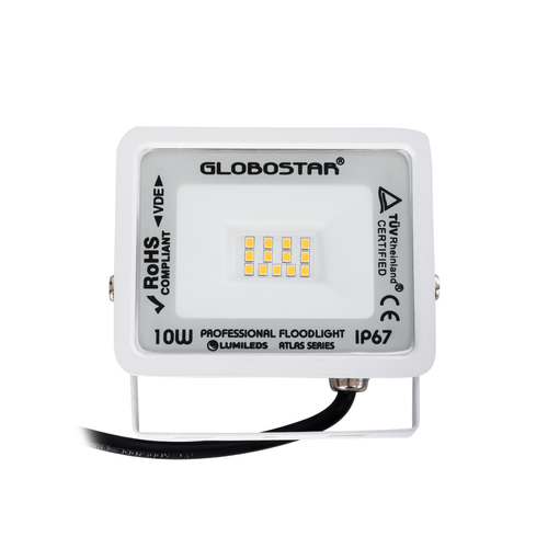 GLOBOSTAR® ATLAS 61406 Προβολέας LED 10W 1150lm 120° AC 220-240V Αδιάβροχο IP67 Θερμό Λευκό 2700K - Lumileds SMD Chip - TÜV Rheinland Certified - Λευκό Ματ - Μ10 x Π2 x Υ8cm - 5 Χρόνια Εγγύηση