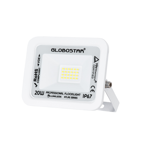 GLOBOSTAR® ATLAS 61407 Προβολέας LED 20W 2500lm 120° AC 220-240V Αδιάβροχο IP67 Ψυχρό Λευκό 6000K - Lumileds SMD Chip - TÜV Rheinland Certified - Λευκό Ματ - Μ12 x Π2.5 x Υ9.5cm - 5 Χρόνια Εγγύηση