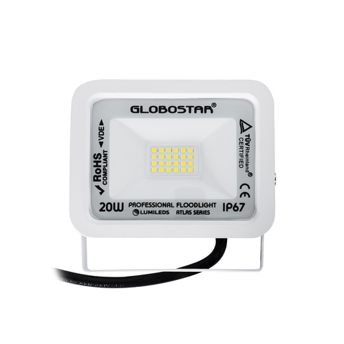 GLOBOSTAR® ATLAS 61407 Προβολέας LED 20W 2500lm 120° AC 220-240V Αδιάβροχο IP67 Ψυχρό Λευκό 6000K - Lumileds SMD Chip - TÜV Rheinland Certified - Λευκό Ματ - Μ12 x Π2.5 x Υ9.5cm - 5 Χρόνια Εγγύηση