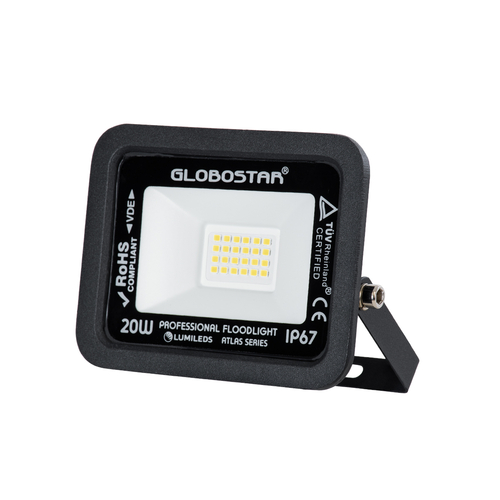 GLOBOSTAR® ATLAS 61411 Προβολέας LED 20W 2400lm 120° AC 220-240V Αδιάβροχο IP67 Φυσικό Λευκό 4500K - Lumileds SMD Chip - TÜV Rheinland Certified - Μαύρο Ματ - Μ12 x Π2.5 x Υ9.5cm - 5 Χρόνια Εγγύηση