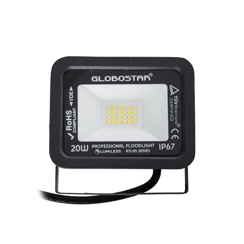 GLOBOSTAR® ATLAS 61411 Προβολέας LED 20W 2400lm 120° AC 220-240V Αδιάβροχο IP67 Φυσικό Λευκό 4500K - Lumileds SMD Chip - TÜV Rheinland Certified - Μαύρο Ματ - Μ12 x Π2.5 x Υ9.5cm - 5 Χρόνια Εγγύηση