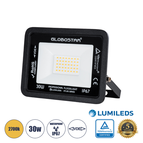 GLOBOSTAR® ATLAS 61418 Προβολέας LED 30W 3450lm 120° AC 220-240V Αδιάβροχο IP67 Θερμό Λευκό 2700K - Lumileds SMD Chip - TÜV Rheinland Certified - Μαύρο Ματ - Μ16 x Π2.5 x Υ12.5cm - 5 Χρόνια Εγγύηση