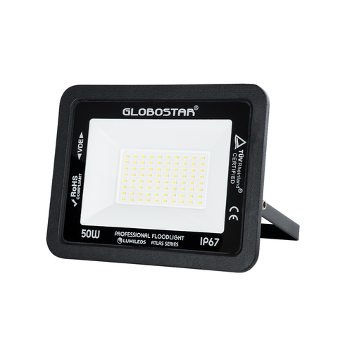 GLOBOSTAR® ATLAS 61423 Προβολέας LED 50W 6000lm 120° AC 220-240V Αδιάβροχο IP67 Φυσικό Λευκό 4500K - Lumileds SMD Chip - TÜV Rheinland Certified - Μαύρο Ματ - Μ21 x Π3.5 x Υ16cm - 5 Χρόνια Εγγύηση