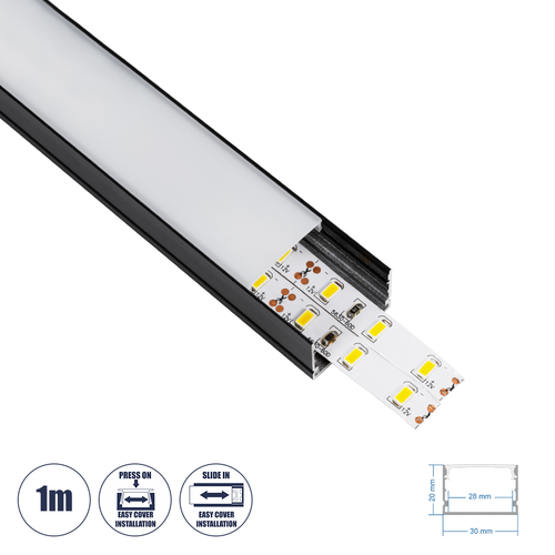 GLOBOSTAR® ALP-LINEAR VEXTA 70825-1M Επιφανειακό Προφίλ Αλουμινίου με Λευκό Γαλακτερό Πατητό Κάλυμμα για Ταινίες LED IP20 - Μαύρο & Λευκό - Μ100 x Π3 x Υ2cm