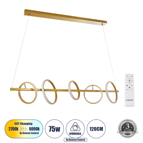 GLOBOSTAR® CIRCOLARE 61322 Μοντέρνο Κρεμαστό Φωτιστικό Οροφής LED 75W 8400lm 360° AC 220-240V IP20 Ρυθμιζόμενο Λευκό CCT με Χειριστήριο από 2700K έως 6000K Dimmable - Lumileds SMD Chip - Χρυσό - Μ120 x Π25 x Υ25cm - 3 Χρόνια Εγγύηση
