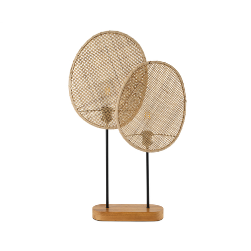 GloboStar® AZUL 02231 Boho Επιτραπέζιο Φωτιστικό Πορτατίφ Διφωτο 2 x E27 IP20 Μπεζ & Καφέ Ξύλο με Μαύρο Μέταλλο - Μ45 x Π11 x Υ75cm