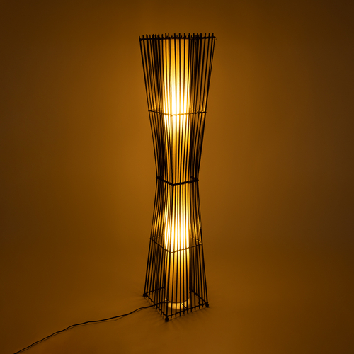 GloboStar® PALMA 02274 Boho Επιδαπέδιο Φωτιστικό Δίφωτο 2 x E27 IP20 Μαύρο Ξύλο με Μπεζ Ύφασμα - Μ25 x Π25 x Υ140cm