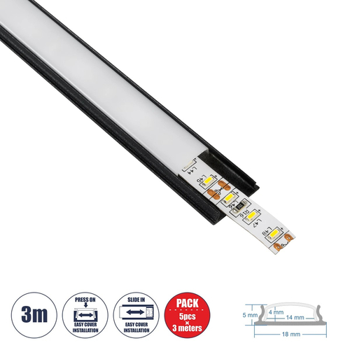 GloboStar® CURVED-PROFILE 70804-3M Προφίλ Αλουμινίου - Βάση & Ψύκτρα Ταινίας LED με Λευκό Γαλακτερό Κάλυμμα - Επιφανειακή Χρήση - Εύκαμπτο με Δυνατότητα Κυρτής Τοποθέτησης - Πατητό Κάλυμμα - Μαύρο - 3 Μέτρα - Πακέτο 5 Τεμαχίων - Μ300 x Π1.8 x Υ0.5cm
