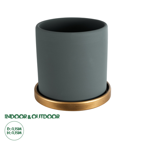 GloboStar® Artificial Garden NAPOLI 20494 Διακοσμητικό Κεραμικό Κασπώ Γλάστρα - Flower Pot Γκρι Πράσινο με Χρυσό Φ15 x Υ15cm