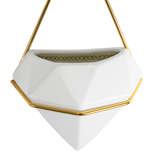 GloboStar® Artificial Garden LOUVRE 20533 Διακοσμητικό Κεραμικό Κασπώ Γλάστρα - Flower Pot Λευκό με Χρυσό Μ15 x Π8 x Υ24cm