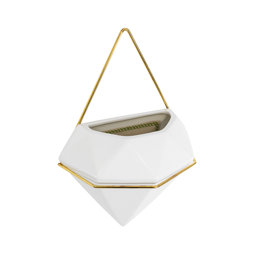 GloboStar® Artificial Garden LOUVRE 20534 Διακοσμητικό Κεραμικό Κασπώ Γλάστρα - Flower Pot Λευκό με Χρυσό Μ20 x Π10.5 x Υ30cm