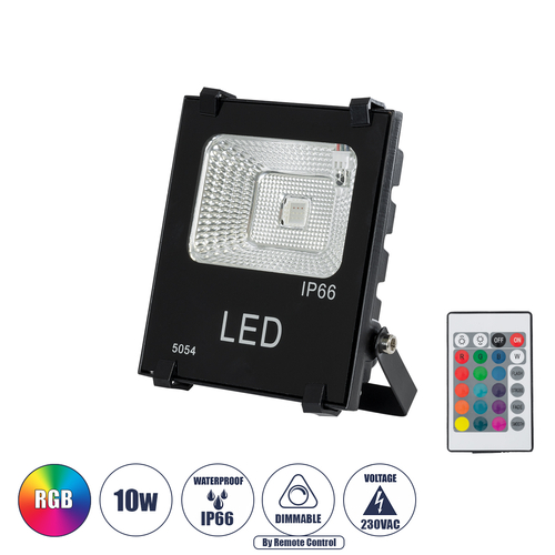 GLOBOSTAR® RGBFLOOD 75600 Προβολέας με IR Ασύρματο Χειριστήριο LED 10W 650lm 120° AC 220-240V Αδιάβροχο IP66 Πολύχρωμο RGB Dimmable - Μαύρο Ματ - Μ11 x Π4 x Υ13.5cm - 2 Χρόνια Εγγύηση