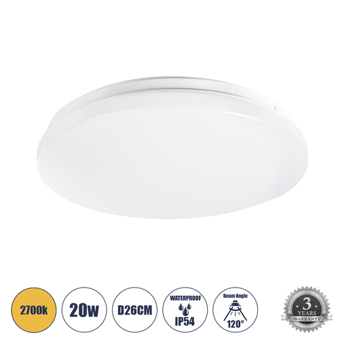 GLOBOSTAR® CELANO 61007 Φωτιστικό Πλαφονιέρα Οροφής LED 20W 1800lm 120° AC 220-240V Αδιάβροχο IP54 Θερμό Λευκό 2700K - Lumileds SMD Chip - Λευκό Γαλακτερό - Μ26 x Π26 x Υ6cm - 3 Χρόνια Εγγύηση