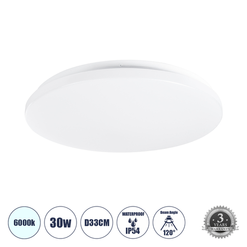 GLOBOSTAR® CELANO 61008 Φωτιστικό Πλαφονιέρα Οροφής LED 30W 3000lm 120° AC 220-240V Αδιάβροχο IP54 Ψυχρό Λευκό 6000K - Lumileds SMD Chip - Λευκό Γαλακτερό - Μ33 x Π33 x Υ6cm - 3 Χρόνια Εγγύηση