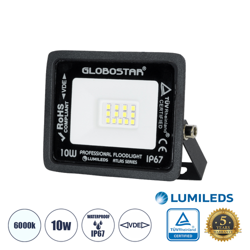 GLOBOSTAR® ATLAS 61515 Προβολέας LED 10W 1250lm 120° AC 220-240V Αδιάβροχο IP67 Ψυχρό Λευκό 6000K - Lumileds SMD Chip - TÜV Rheinland Certified - Μαύρο Ματ - Μ10 x Π2. x Υ8cm - 5 Χρόνια Εγγύηση