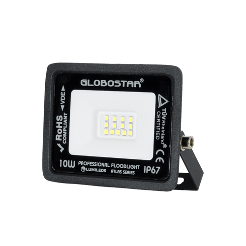 GLOBOSTAR® ATLAS 61515 Προβολέας LED 10W 1250lm 120° AC 220-240V Αδιάβροχο IP67 Ψυχρό Λευκό 6000K - Lumileds SMD Chip - TÜV Rheinland Certified - Μαύρο Ματ - Μ10 x Π2. x Υ8cm - 5 Χρόνια Εγγύηση