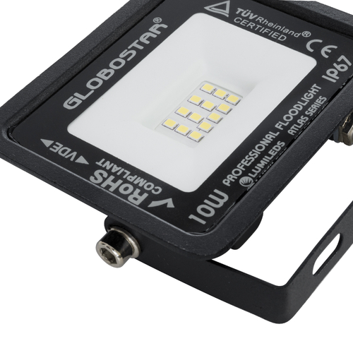 GLOBOSTAR® ATLAS 61515 Προβολέας LED 10W 1250lm 120° AC 220-240V Αδιάβροχο IP67 Ψυχρό Λευκό 6000K - Lumileds SMD Chip - TÜV Rheinland Certified - Μαύρο Ματ - Μ10 x Π2. x Υ8cm - 5 Χρόνια Εγγύηση