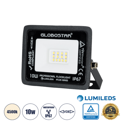 GLOBOSTAR® ATLAS 61516 Προβολέας LED 10W 1200lm 120° AC 220-240V Αδιάβροχο IP67 Φυσικό Λευκό 4500K - Lumileds SMD Chip - TÜV Rheinland Certified - Μαύρο Ματ - Μ10 x Π2 x Υ8cm - 5 Χρόνια Εγγύηση