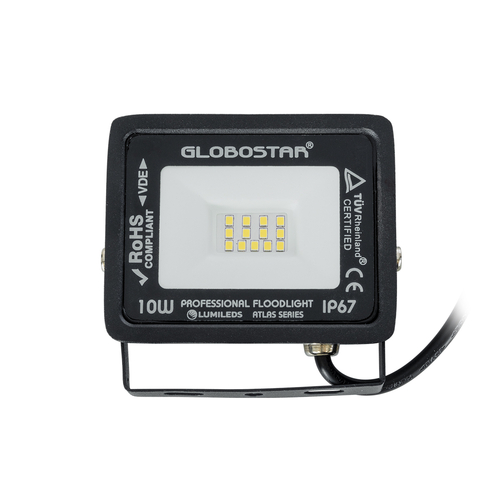 GLOBOSTAR® ATLAS 61516 Προβολέας LED 10W 1200lm 120° AC 220-240V Αδιάβροχο IP67 Φυσικό Λευκό 4500K - Lumileds SMD Chip - TÜV Rheinland Certified - Μαύρο Ματ - Μ10 x Π2 x Υ8cm - 5 Χρόνια Εγγύηση