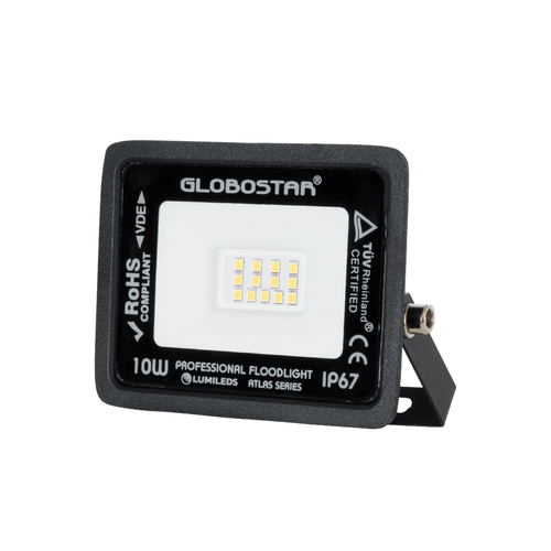 GLOBOSTAR® ATLAS 61517 Προβολέας LED 10W 1150lm 120° AC 220-240V Αδιάβροχο IP67 Θερμό Λευκό 2700K - Lumileds SMD Chip - TÜV Rheinland Certified - Μαύρο Ματ - Μ10 x Π2 x Υ8cm - 5 Χρόνια Εγγύηση