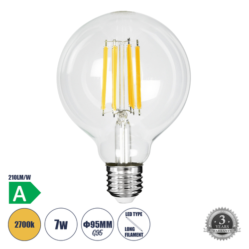GLOBOSTAR® BUBBLE 99088 Λάμπα E27 G95 LED 7W 1470lm 360° AC 220-240V IP20 Θερμό Λευκό 2700K - Long Filament Chip - Διάφανο - Μ9.5 x Π9.5 x Υ13.8cm - 3 Χρόνια Εγγύηση