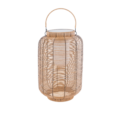 GloboStar® GRAMBIAN 02304 Boho Αυτόνομο Ηλιακό Κρεμαστό/Επιτραπέζιο Φωτιστικό Πορτατίφ LED 5W 200lm 180° με Ενσωματωμένη Μπαταρία IP65 Θερμό Λευκό 3000K Μπεζ Ξύλο - Μ30 x Π30 x Υ48cm - 2 Χρόνια Εγγύηση