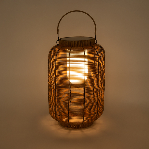 GloboStar® GRAMBIAN 02304 Boho Αυτόνομο Ηλιακό Κρεμαστό/Επιτραπέζιο Φωτιστικό Πορτατίφ LED 5W 200lm 180° με Ενσωματωμένη Μπαταρία IP65 Θερμό Λευκό 3000K Μπεζ Ξύλο - Μ30 x Π30 x Υ48cm - 2 Χρόνια Εγγύηση