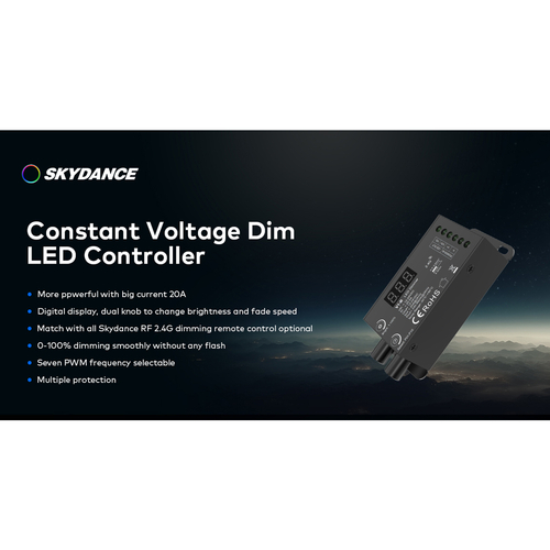 GloboStar® 73116 V1-B SKYDANCE DC RF 2.4Ghz Dimmer Constant Voltage Controller 1 Κανάλι DC 12-24V 1 x 20.5A 480W - Max 20.5A 480W - IP20 Μ9 x Π4 x Υ2.8cm - 5 Χρόνια Εγγύηση