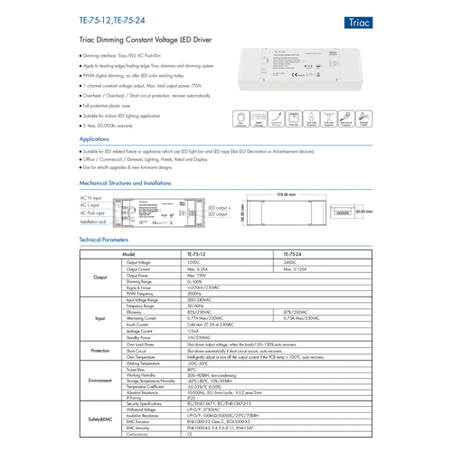 GloboStar® 73129 TE-75-12 SKYDANCE AC Triac Dimmer Push Dimming 1 Κανάλι AC 200-240V 1 x 6.25A 75W - Max 6.25A 75W - IP20 Μ18 x Π5.7 x Υ3cm - 5 Χρόνια Εγγύηση