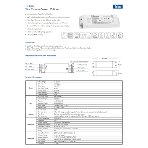 GloboStar® 73133 TE-15A SKYDANCE AC Triac Dimmable Constant Current LED Driver Push Dimming 1 Κανάλι AC 200-240V 1 x 0.15A 15W - Max 0.15A 15W - IP20  Μ15.1 x Π4.1 x Υ3cm - 5 Χρόνια Εγγύηση