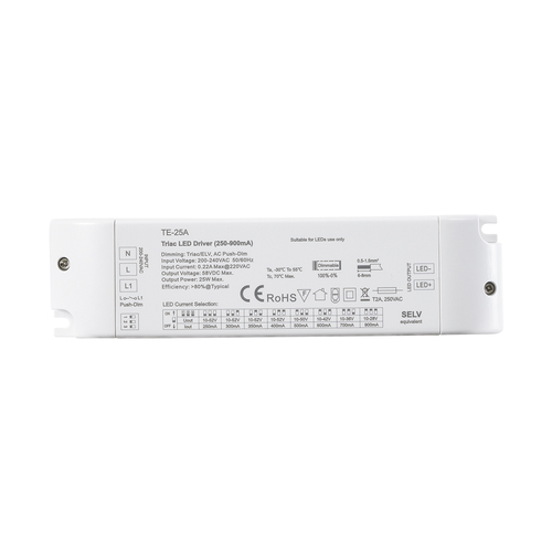 GLOBOSTAR® SKYDANCE-TE-25A 73134 DC Triac & Push Dimmer CC Τροφοδοτικό/Μετασχηματιστής SELV με 1 x 250-900mA 25W Κανάλι AC 220-240V σε DC 10-52V 900mA 25W Max IP20 - Triac & Push Dimming - Μ17.5 x Π4.4 x Υ3cm - 5 Χρόνια Εγγύηση