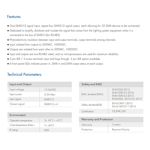 GloboStar® 73136 DMA SKYDANCE DC DMX512 Signal Splitter / Amplifier 4 Καναλιών DC 12-36V - IP20 Μ25.6 x Π9.2 x Υ3.8cm - 5 Χρόνια Εγγύηση
