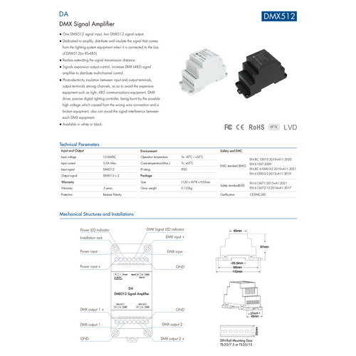 GloboStar® 73137 DA SKYDANCE DC DMX512 Signal Amplifier Din Rail Ράγας 2 Καναλιών DC 12-48V - IP20  Μ11.5 x Π5 x Υ6.5cm - 5 Χρόνια Εγγύηση