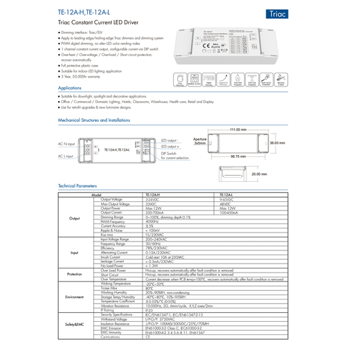 GloboStar® 73131 TE-12A-H SKYDANCE AC Triac Dimmable Constant Current LED Driver 1 Κανάλι AC 200-240V 1 x 0.15A 12W - Max 0.15A 12W - IP20 Μ11.1 x Π3.7 x Υ2cm - 5 Χρόνια Εγγύηση