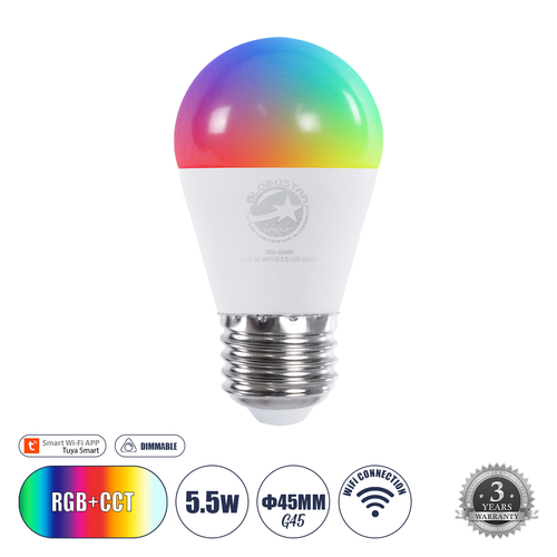 GLOBOSTAR® SMARTME 60489 Λάμπα E27 G45 Smart Home WiFi με Λειτουργία μέσω Tuya APP LED 5.5W 550lm 260° AC 220-240V IP20 Πολύχρωμο RGBW+WW Dimmable - Bridgelux Chip - Μ4.5 x Π4.5 x Υ8.8cm - 3 Χρόνια Εγγύηση