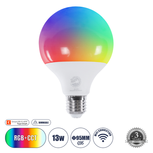 GLOBOSTAR® SMARTME 60491 Λάμπα E27 G95 Smart Home WiFi με Λειτουργία μέσω Tuya APP LED 13W 1300lm 260° AC 220-240V IP20 Πολύχρωμο RGBW+WW Dimmable - Bridgelux Chip - Μ9.5 x Π9.5 x Υ13.5cm - 3 Χρόνια Εγγύηση