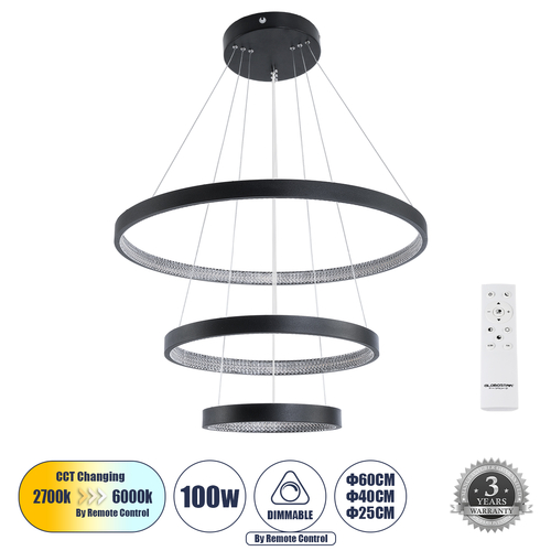 GLOBOSTAR® DIAMOND TRIO 61523 Μοντέρνο Κρεμαστό Φωτιστικό Οροφής LED 100W 11200lm 360° AC 220-240V IP20 Ρυθμιζόμενο Λευκό CCT με Χειριστήριο από 2700K έως 6000K Dimmable - Lumileds SMD Chip - Μαύρο Ματ - Μ90 x Π90 x Υ90cm - 3 Χρόνια Εγγύηση