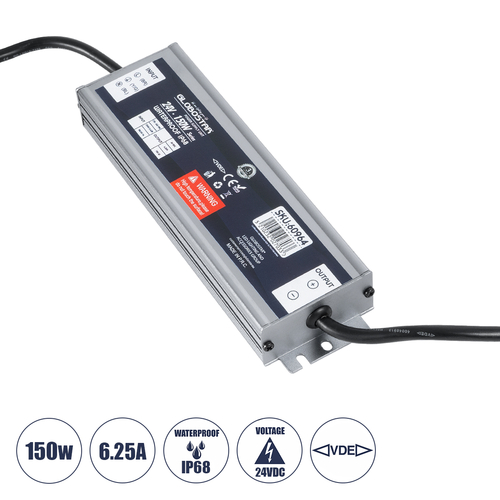 GLOBOSTAR® LUMISPLASH 60964 Τροφοδοτικό/Μετασχηματιστής Class II SELV 150W 6.25A DC 24V Αδιάβροχο IP68 - AC 220-240V σε DC 24V - Μ20 x Π5.5 x Υ2.5cm - 3 Χρόνια Εγγύηση
