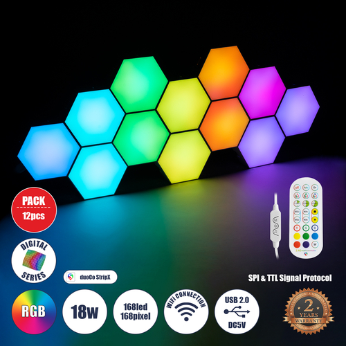 GloboStar® DIGIOCTA 90449 Σετ 12 Ψηφιακων LED RGB Φωτιστικών Κυψελών με Ψηφιακό Controller με WiFi Smart APP & Ασύρματο Χειριστήριο RF 2.4Ghz - LED SMD 5050 18W/Σετ 168PIXEL/Σετ 1440lm/Σετ 120° DC 5V με USB 2.0 IP20 Πολύχρωμο RGB - Dimmable - Μ10.5 x Π10.5 x Υ3cm Ανά Κυψέλη - 2 Χρόνια Εγγύηση