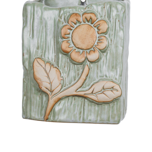 GloboStar® Artificial Garden BILBAO 20536 Διακοσμητική Κεραμική Επιτοίχια Γλάστρα Πράσινη με Μπεζ Λεπτομέρειες Μ13 x Π10  x Υ17cm