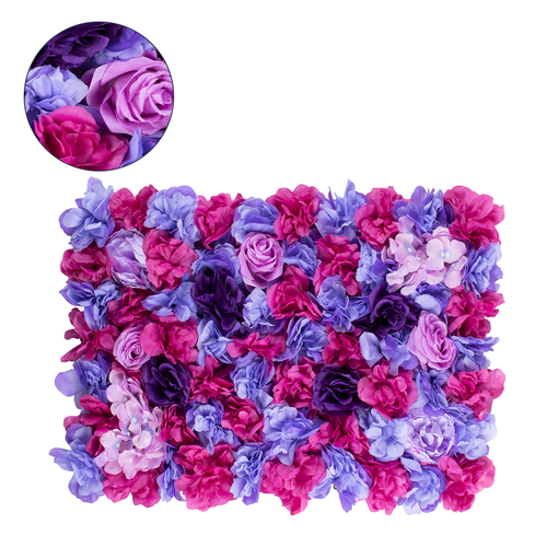 GloboStar® 78332 Artificial - Συνθετικό Τεχνητό Διακοσμητικό Πάνελ Λουλουδιών - Κάθετος Κήπος Τριαντάφυλλο - Ορτανσία - Βιολέτα - Φουξια - Μωβ - Γαλάζιο Μ60 x Υ40 x Π7cm