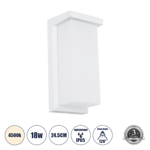 GLOBOSTAR® LOFT 60760 Μοντέρνο Φωτιστικό Τοίχου - Απλίκα LED 18W 1890lm 120° AC 220-240V Αδιάβροχο IP65 Φυσικό Λευκό 4500K - Bridgelux SMD Chip - Λευκό Ματ - Μ24.5 x Π11 x Υ9.5cm - 3 Χρόνια Εγγύηση