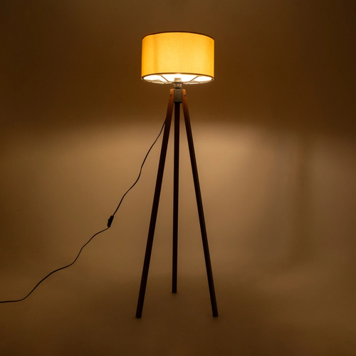 GloboStar® SAGA 204-0033 Μοντέρνο Eπιδαπέδιο Φωτιστικό Μονόφωτο 1 x E27 IP20 Καφέ Ξύλο με Κίτρινο Ύφασμα - Μ38 x Π38 x Υ140cm