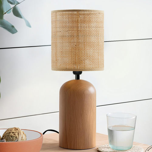 GloboStar® HARD 204-0065 Boho Eπιτραπέζιο Φωτιστικό Πορτατίφ Μονόφωτο 1 x E27 IP20 Καφέ Ξύλο με Μπεζ Ρατάν - Μ15 x Π15 x Υ35cm